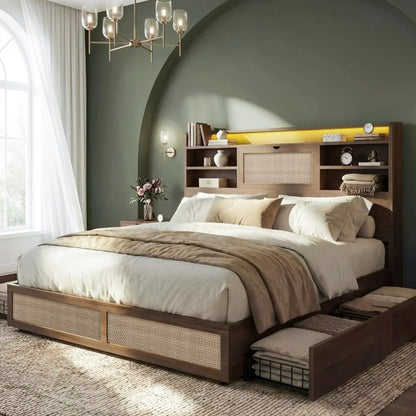 Modern bedroom with a wooden bed and bookshelf against a green wall.