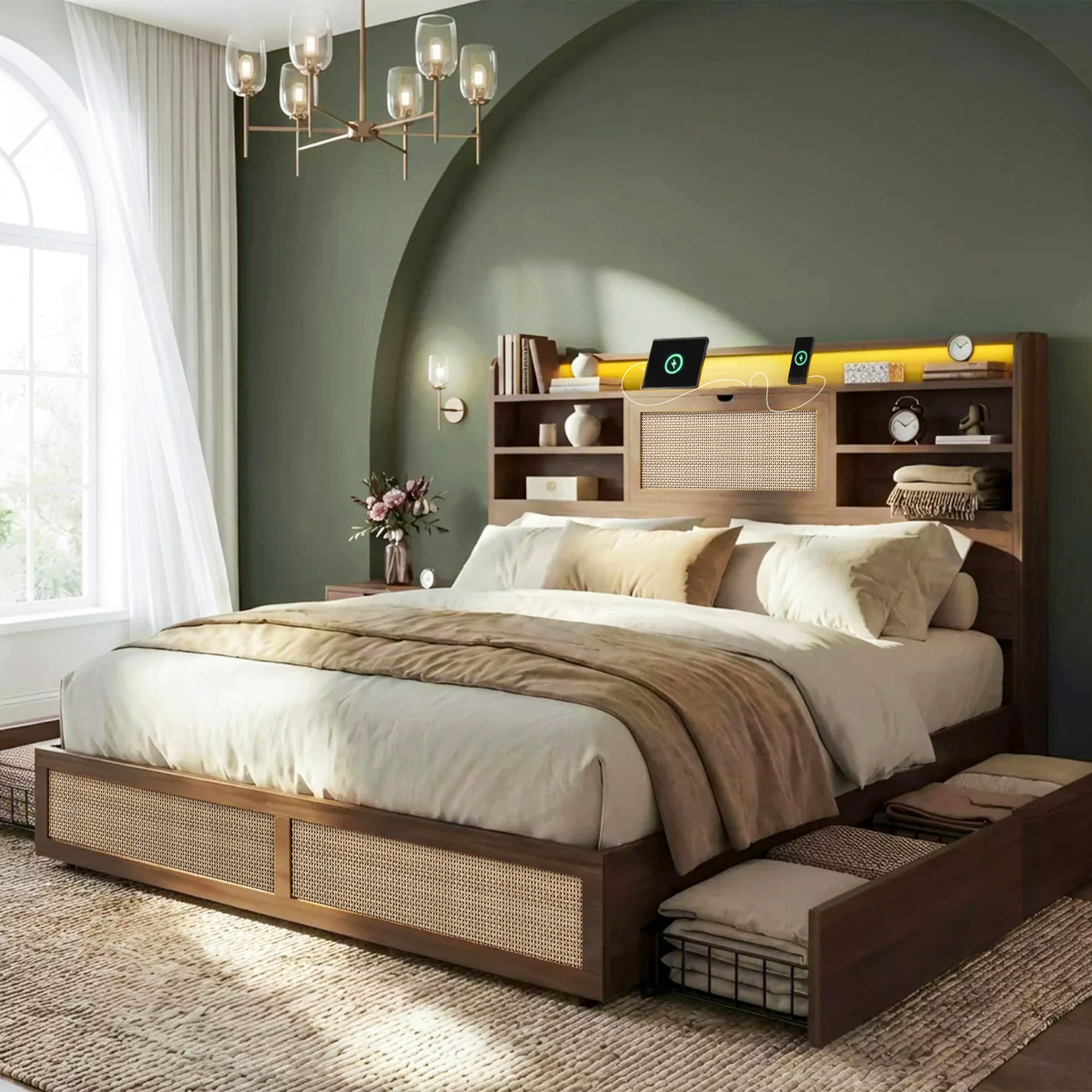 Boho Chic Rattan Storage Bookcase Bed Frame