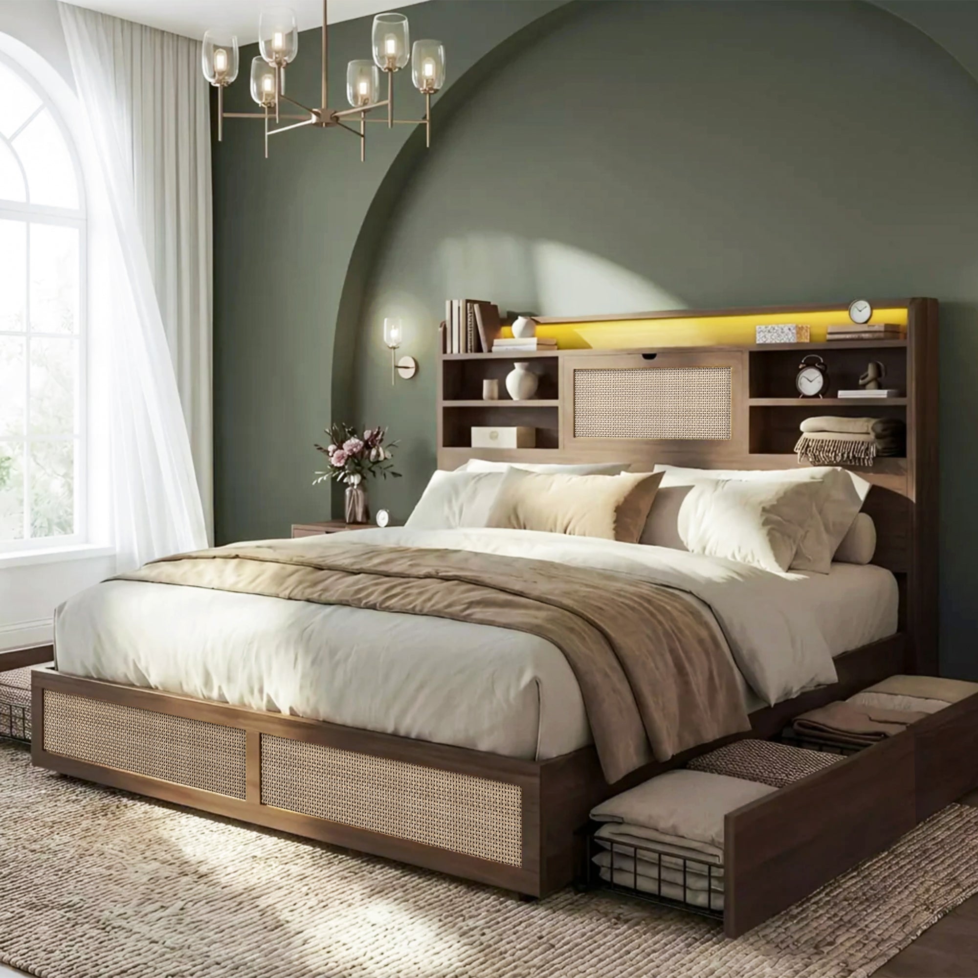 Boho Chic Rattan Storage Bookcase Bed Frame