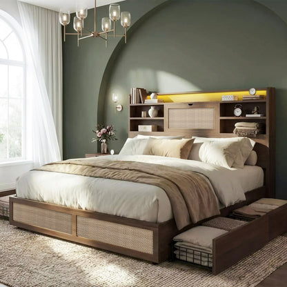 Boho Chic Rattan Storage Bookcase Bed Frame