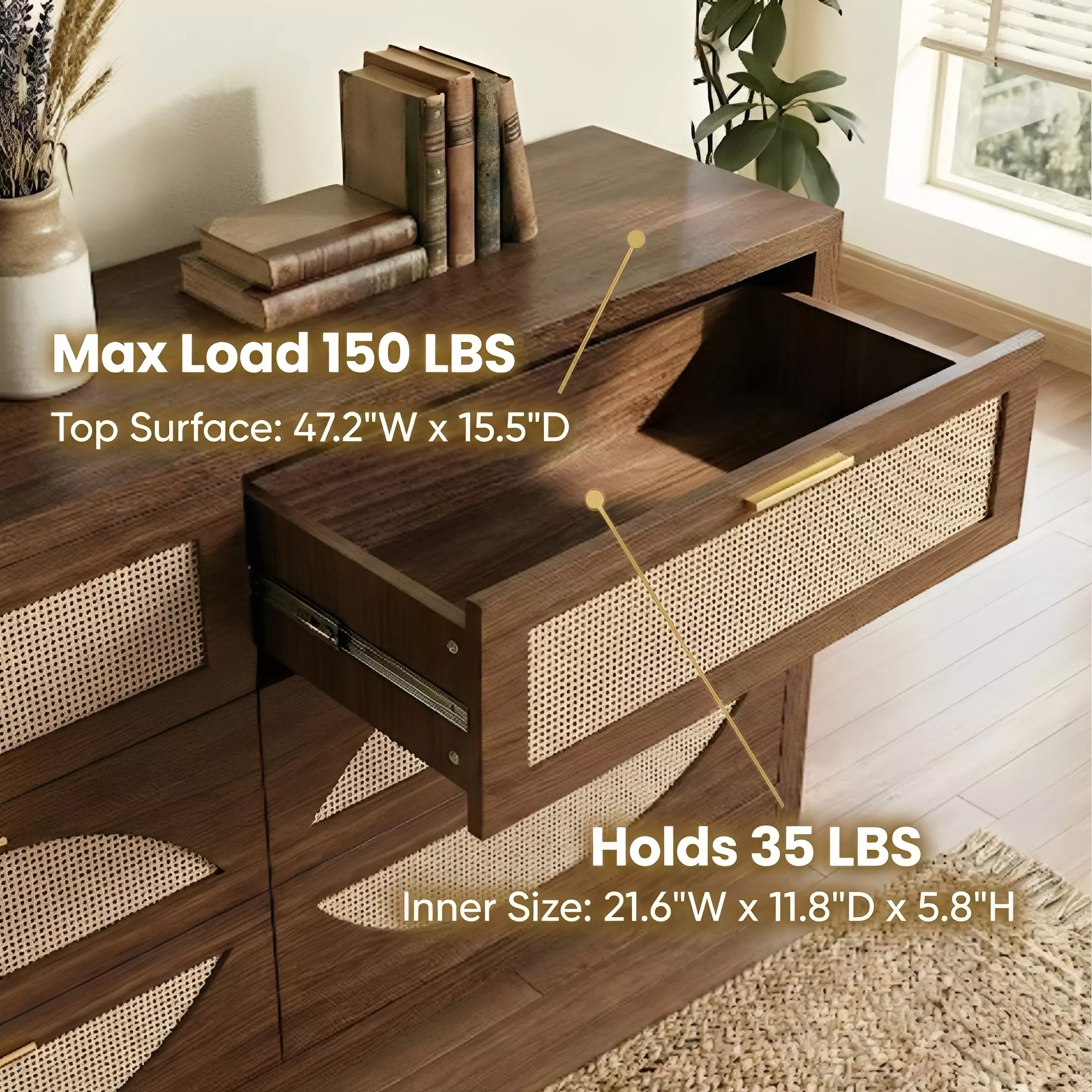 Arched Boho Rattan 6 Drawer Dressers-Walnet / Oak