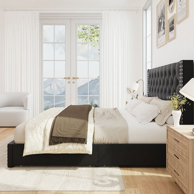 Larmace Upholstered Bed Frame with Storage Linen Platform Tufted Bed Frame with 4 Drawers and Headboard, Wood Slats Support, No Box Spring