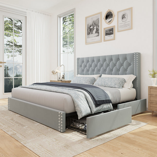 Larmace Upholstered Bed Frame with Storage Linen Platform Tufted Bed Frame with 4 Drawers and Headboard, Wood Slats Support, No Box Spring Bluish Grey