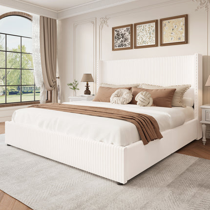 Larmace Upholstered Corduroy Bed Frame  with 4 Storage Drawers,Platform Bed Frame with Vertical Stripe Wingback Headboard,Beige