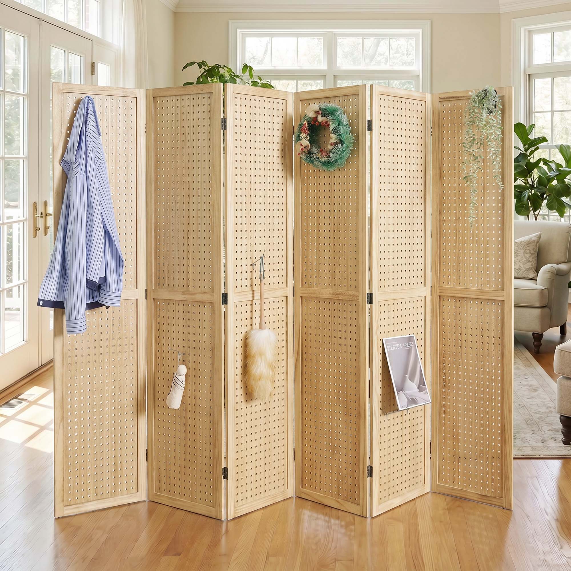 HOVA 66.8" Wooden Pegboard Room Divider