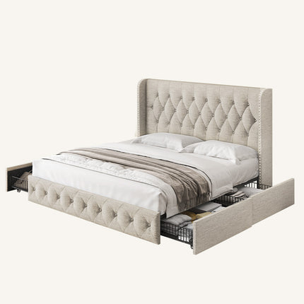 LARMACE 软垫储物床，带 4 个抽屉，带簇绒翼背床头板，适用于卧室，大号床
