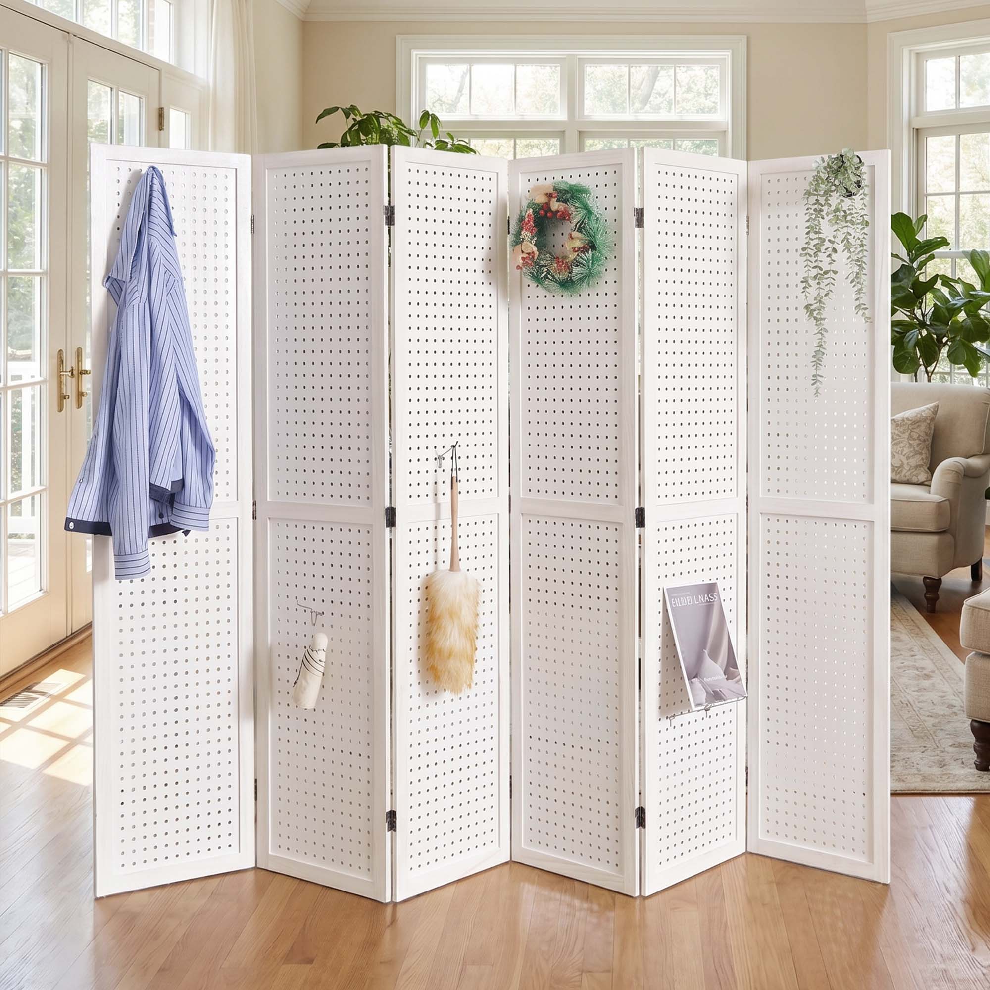 HOVA 66.8" Wooden Pegboard Room Divider