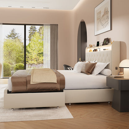 Larmace Bed Frame with 4 Drawers and Storage Headboard, Upholstered LED Bed Frame with Type-C & USB Charging Station, Velvet Platform Bed with Storage, No Box Spring Needed