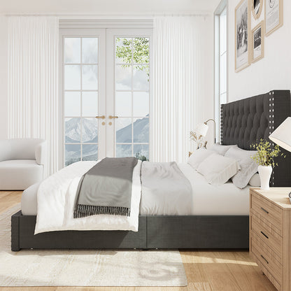 Larmace Upholstered Bed Frame with Storage Linen Platform Tufted Bed Frame with 4 Drawers and Headboard, Wood Slats Support, No Box Spring