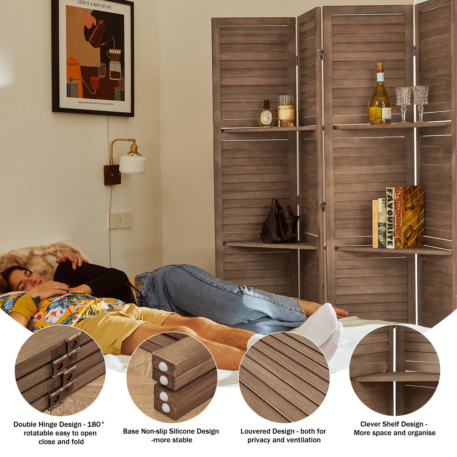 SYLO 5.6ft Folding Wood Room Divider with Shelves