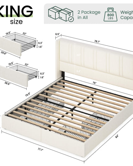 Larmace Upholstered Bed Frame with 4 Storage Drawers and Vertical Channel Tufted Headboard Linen Platform Bed Frame