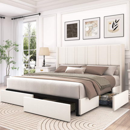 Larmace Upholstered Bed Frame with 4 Storage Drawers and Vertical Channel Tufted Headboard Linen Platform Bed Frame