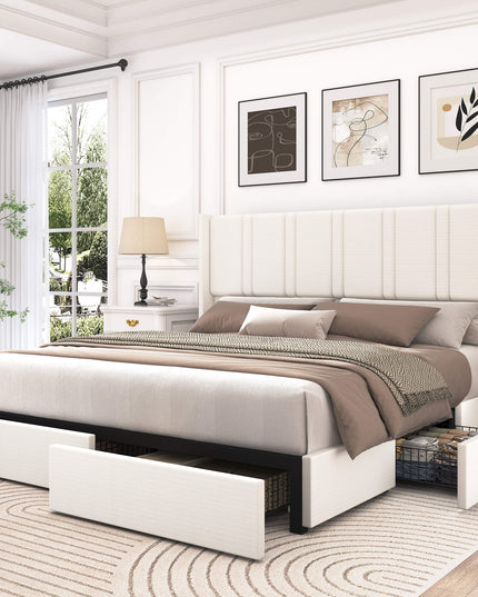 Larmace Upholstered Bed Frame with 4 Storage Drawers and Vertical Channel Tufted Headboard Linen Platform Bed Frame White