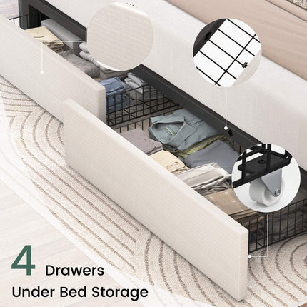 Larmace Upholstered Bed Frame with 4 Storage Drawers and Vertical Channel Tufted Headboard Linen Platform Bed Frame