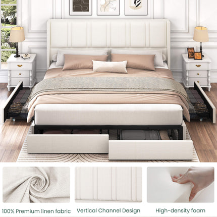 Larmace Upholstered Bed Frame with 4 Storage Drawers and Vertical Channel Tufted Headboard Linen Platform Bed Frame