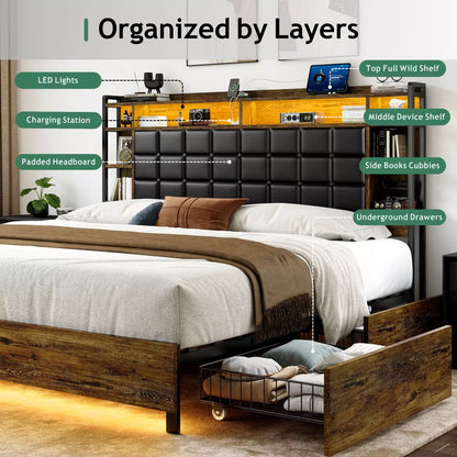 Cubes Industrial Bed Frame with Storage Drawers,Bookcase Headboard, LED Llight & Charging Hub