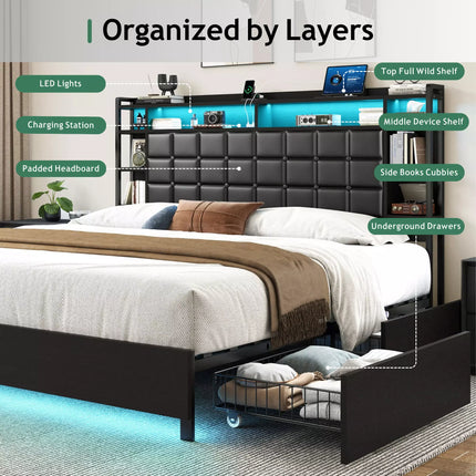 Cubes Industrial Bed Frame with Storage Drawers,Bookcase Headboard, LED Llight & Charging Hub