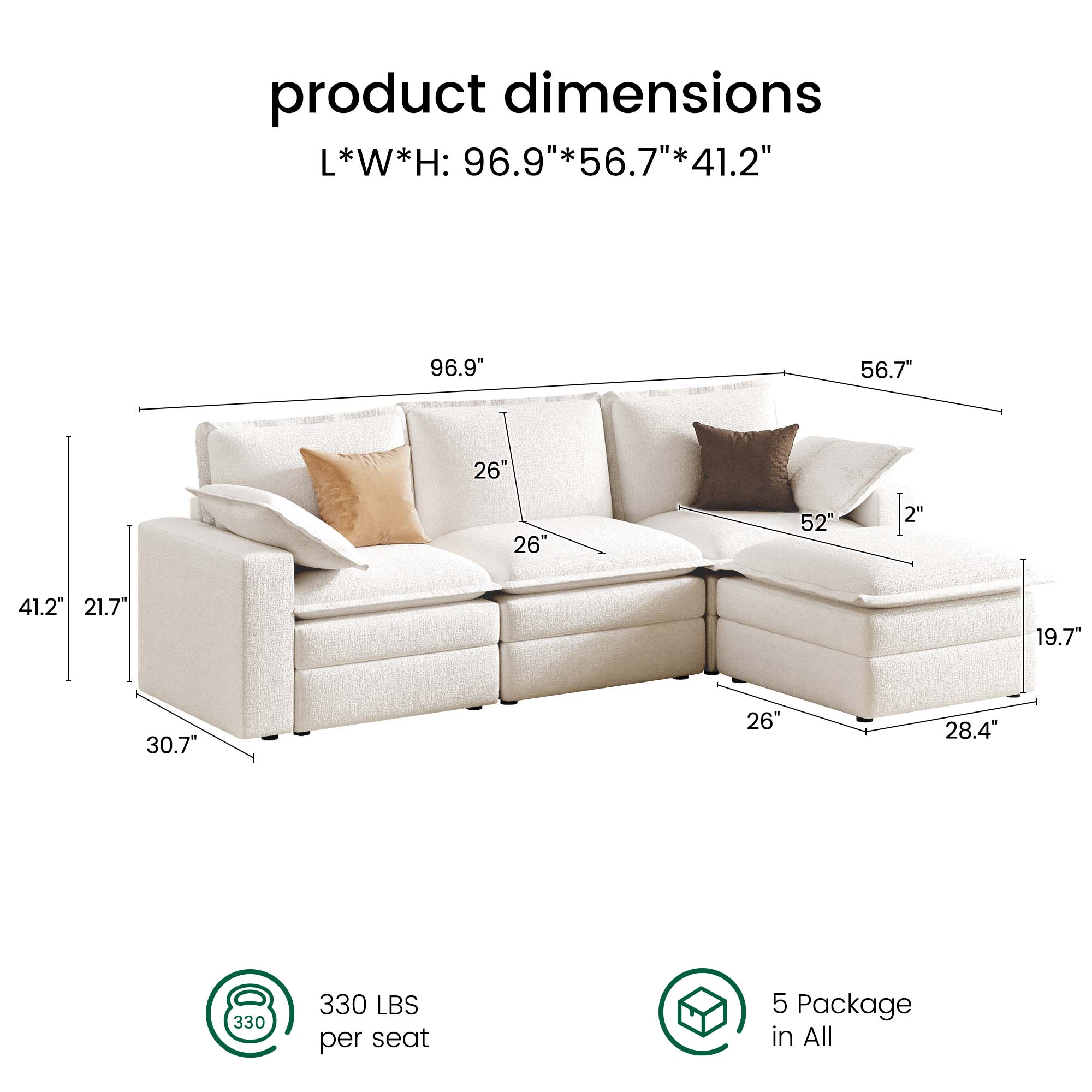 Densa L Shaped Sectional Cloud Sofa | 3-4 Seater |  Spring Cushion | 97"~125"