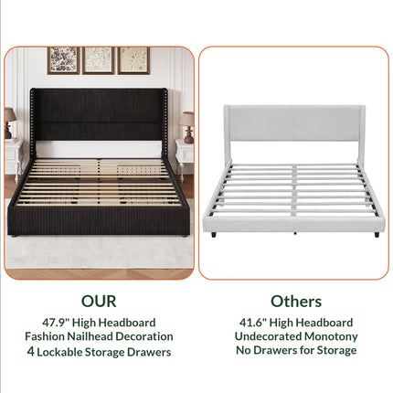 Larmace Upholstered Corduroy Bed Frame  with 4 Storage Drawers,Platform Bed Frame with Vertical Stripe Wingback Headboard,Beige