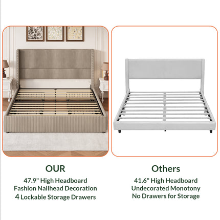 Larmace Upholstered Corduroy Bed Frame  with 4 Storage Drawers,Platform Bed Frame with Vertical Stripe Wingback Headboard,Beige