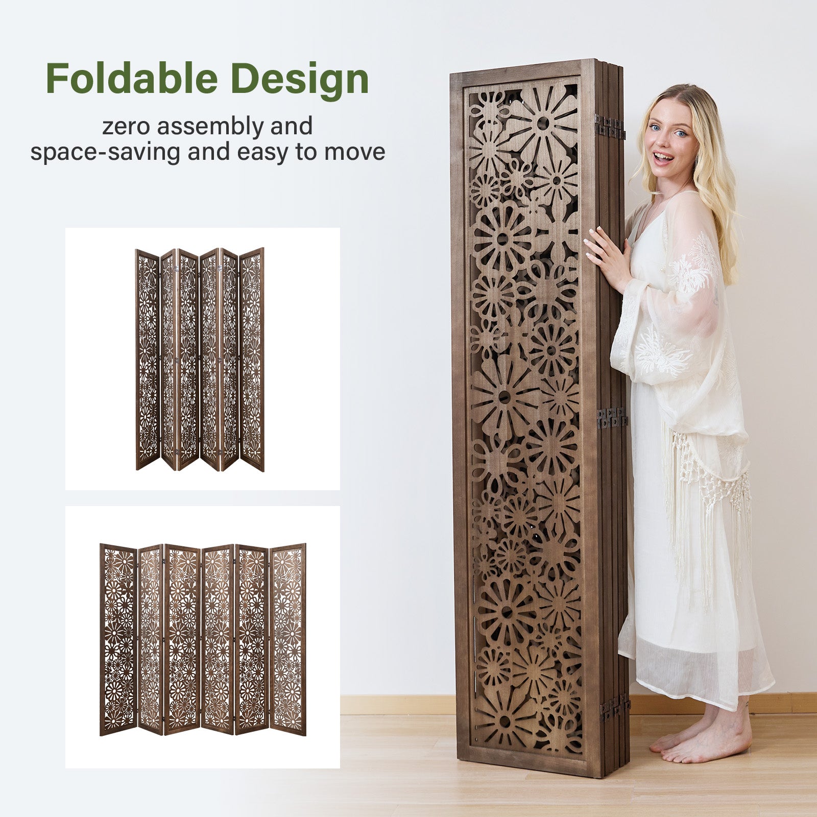 Daisy 67" Floral Carved Wooden Room Divider