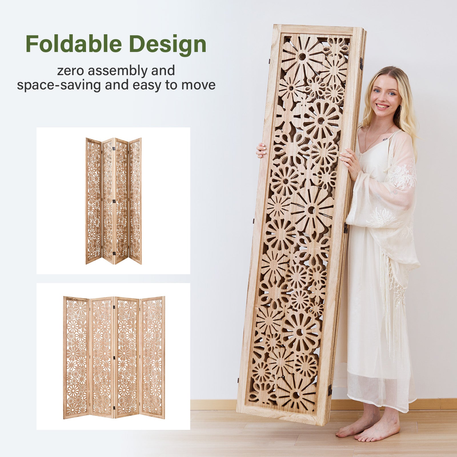 Daisy 67" Floral Carved Wooden Room Divider