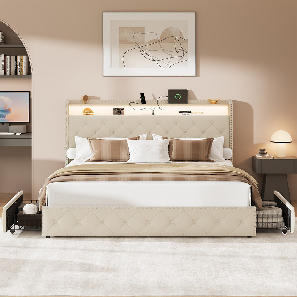 Larmace Bed Frame with 4 Drawers and Storage Headboard, Upholstered LED Bed Frame with Type-C & USB Charging Station, Velvet Platform Bed with Storage, No Box Spring Needed