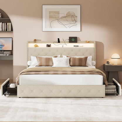 Larmace Bed Frame with 4 Drawers and Storage Headboard, Upholstered LED Bed Frame with Type-C & USB Charging Station, Velvet Platform Bed with Storage, No Box Spring Needed