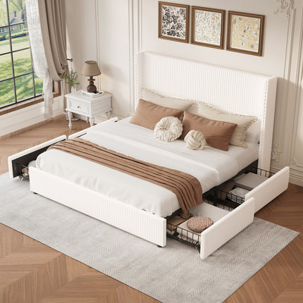 Larmace Upholstered Corduroy Bed Frame  with 4 Storage Drawers,Platform Bed Frame with Vertical Stripe Wingback Headboard,Beige