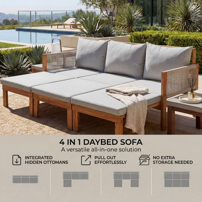 Luvia 3 Seat Acacia Wood Outdoor Sofa, 4 in 1 All-Weather Daybed