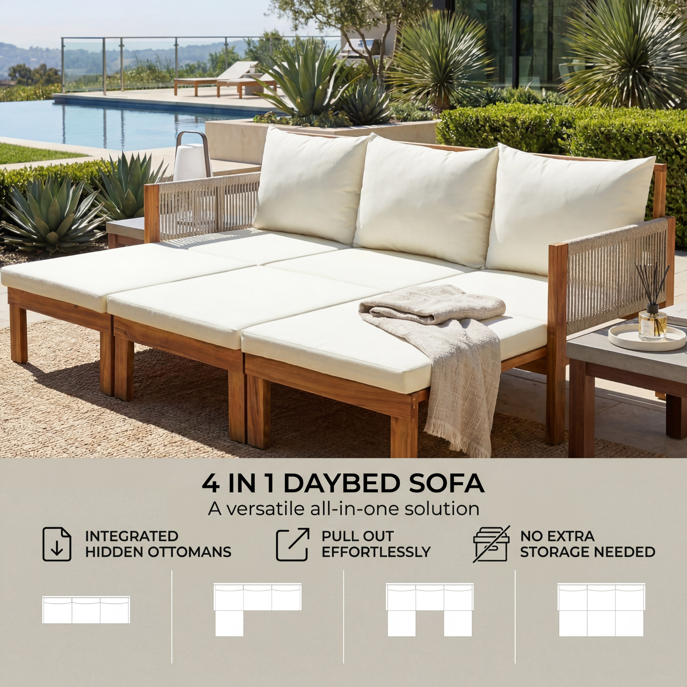 Luvia 3 Seat Acacia Wood Outdoor Sofa, 4 in 1 All-Weather Daybed