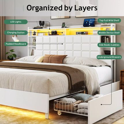 Cubes Industrial Bed Frame with Storage Drawers,Bookcase Headboard, LED Llight & Charging Hub