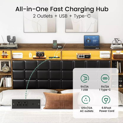 Cubes Industrial Bed Frame with Storage Drawers,Bookcase Headboard, LED Llight & Charging Hub