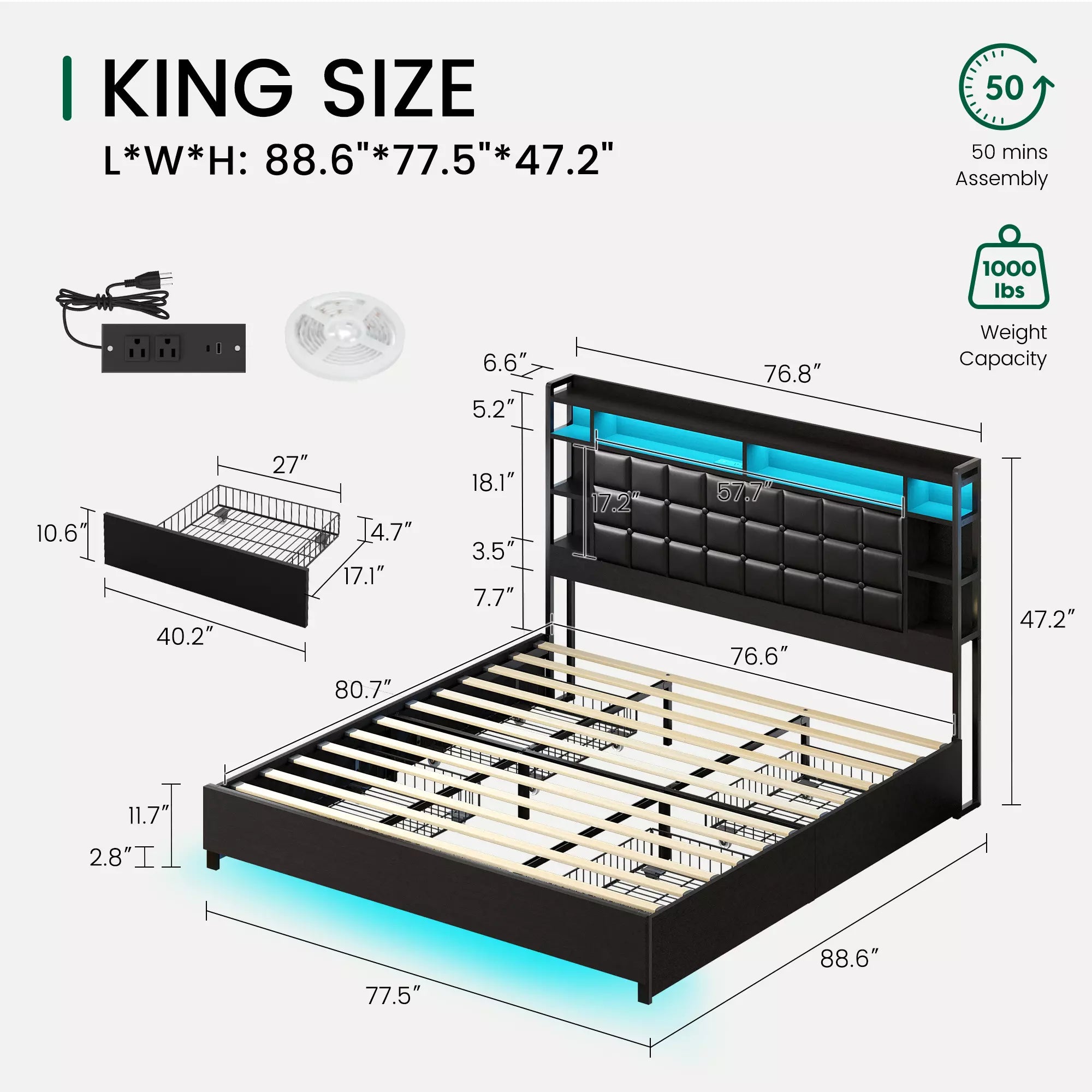 Cubes Industrial Bed Frame with Storage Drawers,Bookcase Headboard, LED Llight & Charging Hub