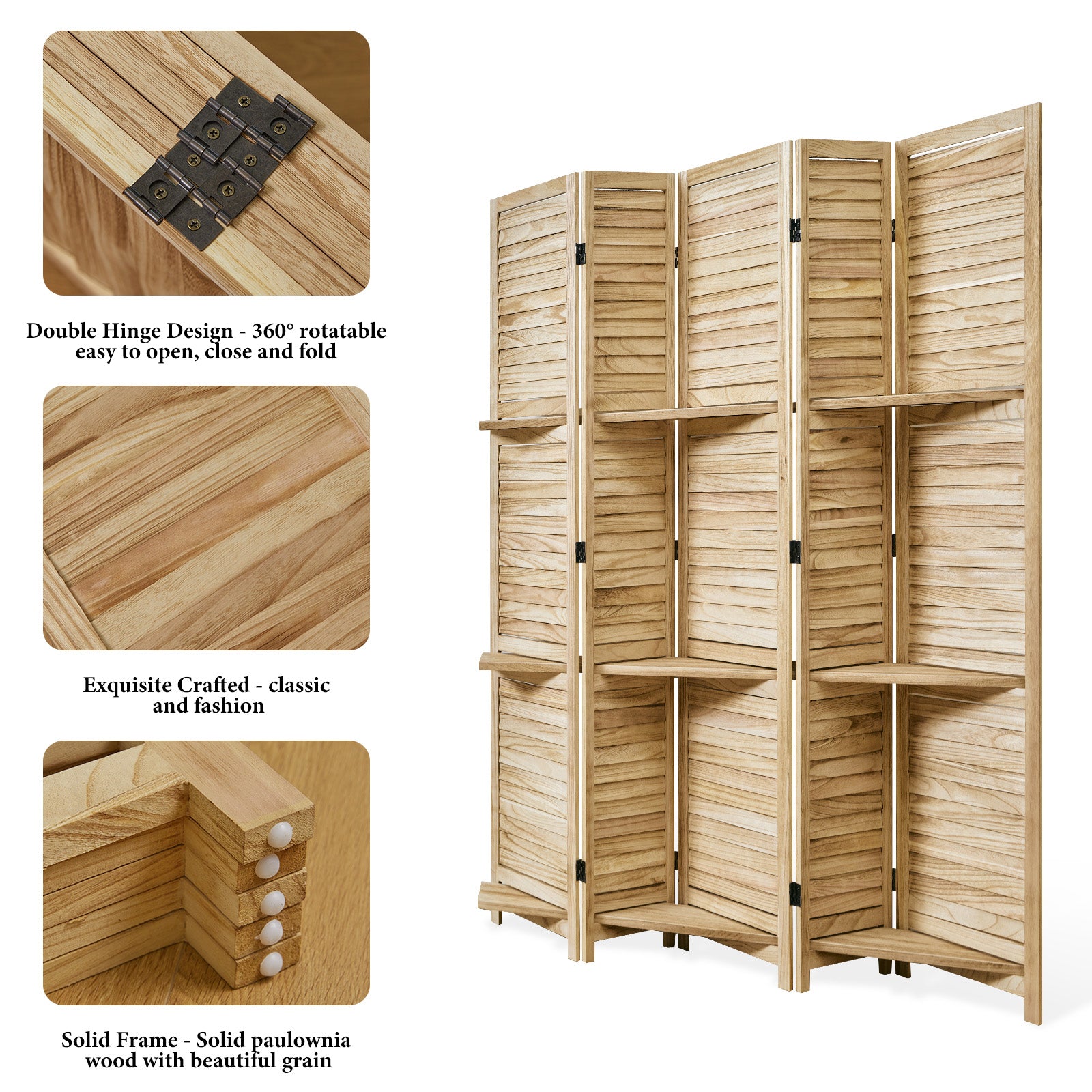 Japandi Wood Room Divider with Shelves | 4/5/6 Panel Privacy