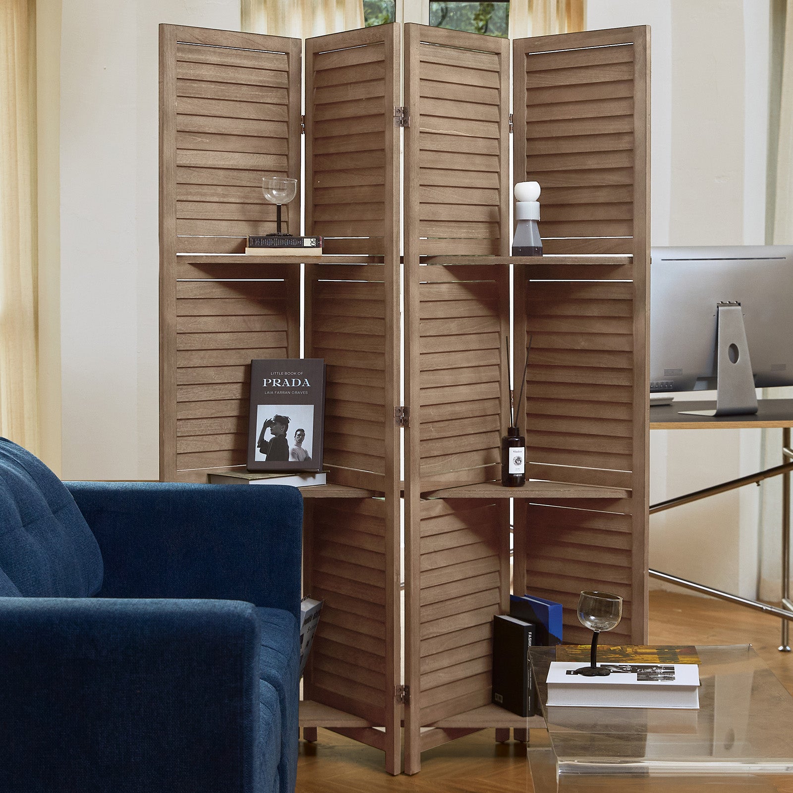 SYLO 5.6ft Folding Wood Room Divider with Shelves