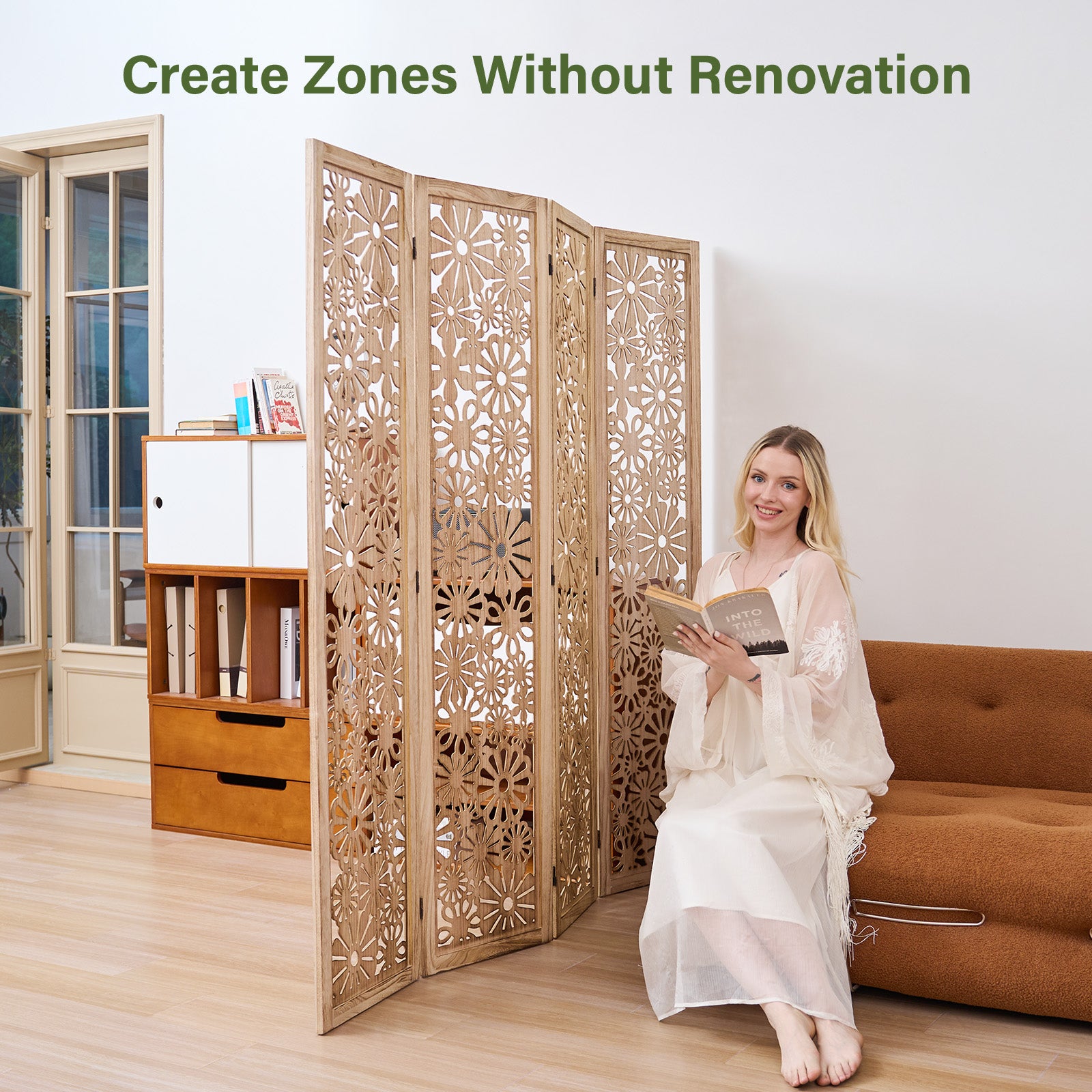 Daisy 67" Floral Carved Wooden Room Divider