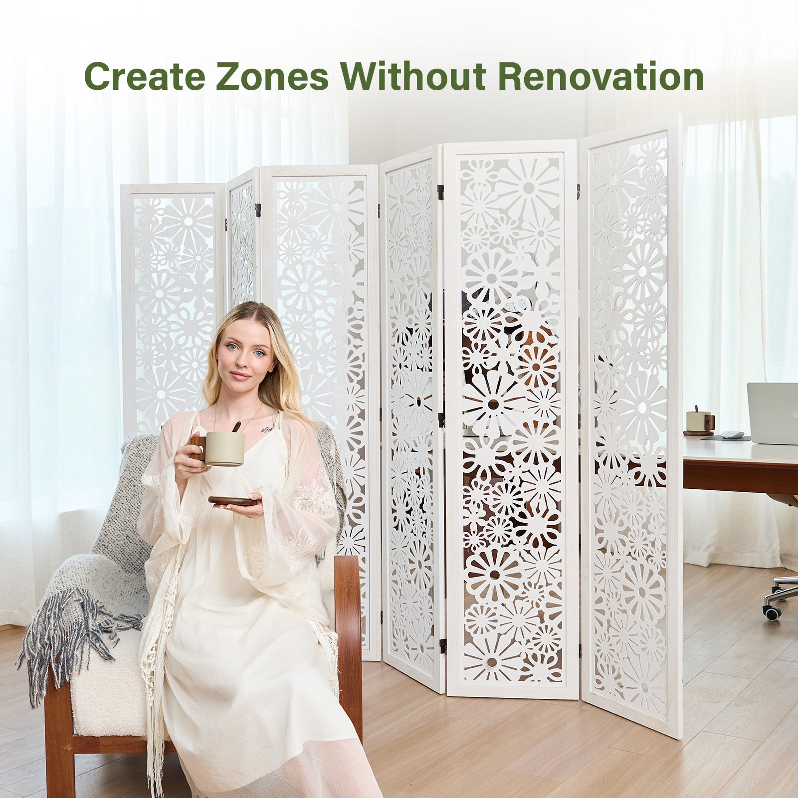 Daisy 67" Floral Carved Wooden Room Divider