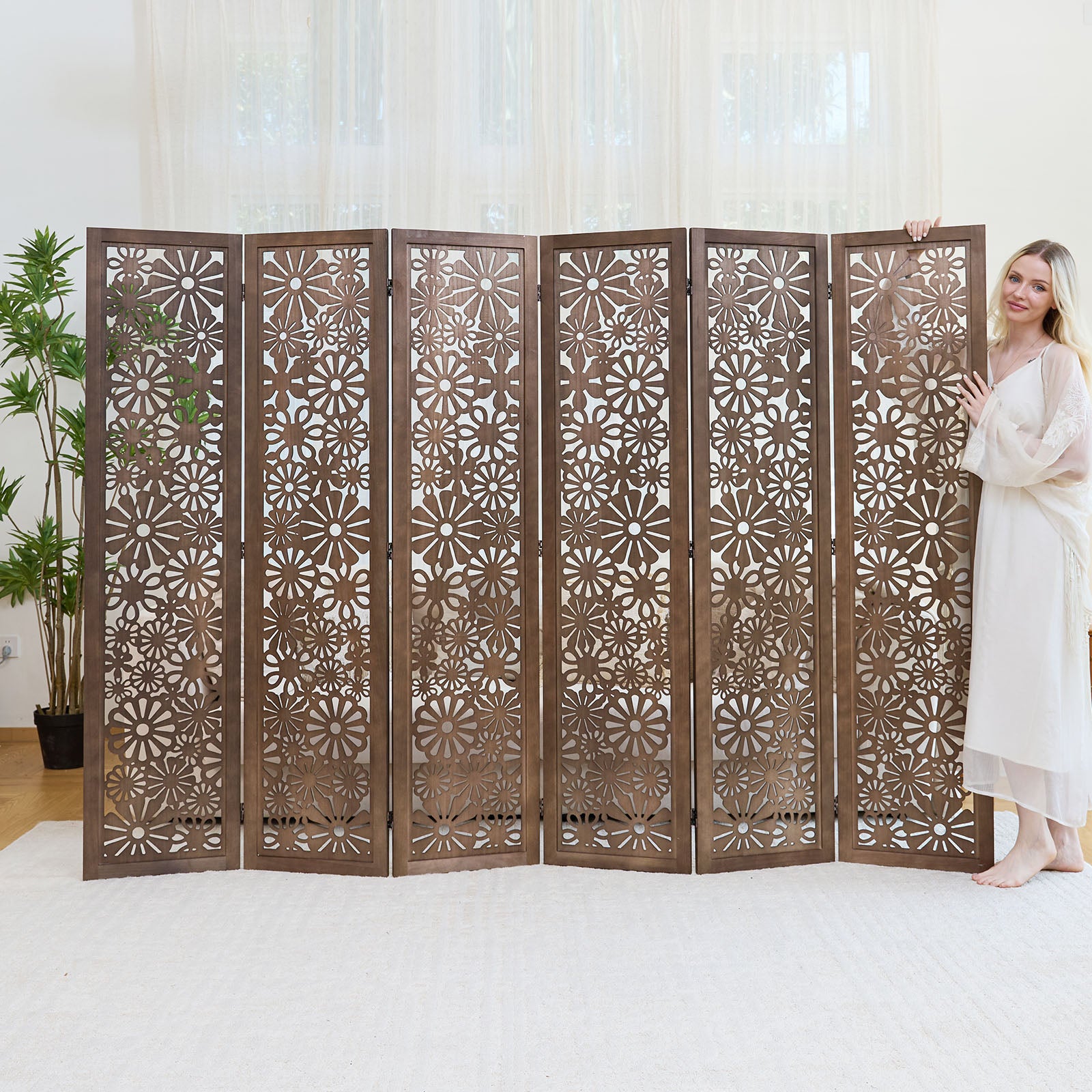Daisy 67" Floral Carved Wooden Room Divider