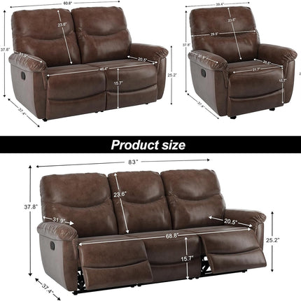 Larmace 3 Piece Modern Reclining Faux Leather Sofa Set Sectional Living Room