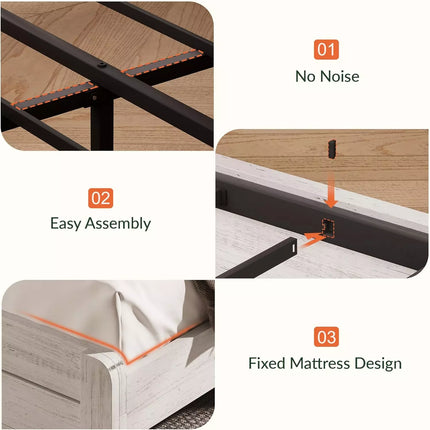 Arlo Farmhouse Wood Bed Frame, 52" Tall Headboard with Led Lights,Charging Station and 2 Drawers