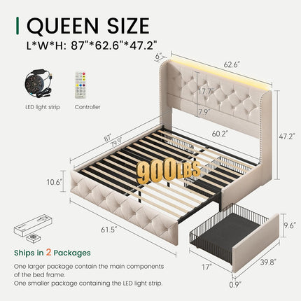 Korav Upholstered Bed Frame with Storage Drawers and LED lights