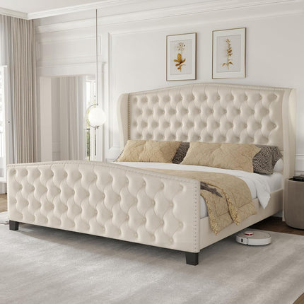 white upholstered wingback bed