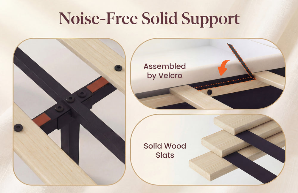 Wooden slat assembly with Velcro fastening, labeled 'Noise-Free Solid Support'.