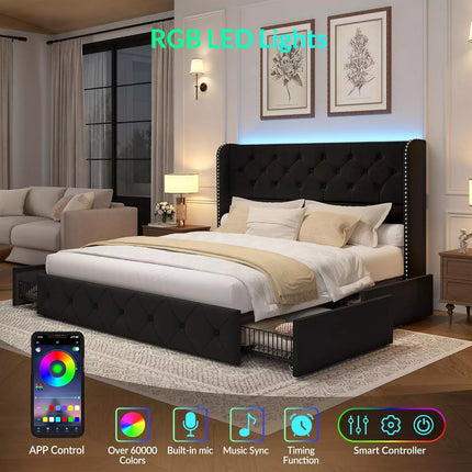 Koral Queen Size Upholstered Bed Frame with Storage Drawers,Tufted Wingback Headboard,Led Lights