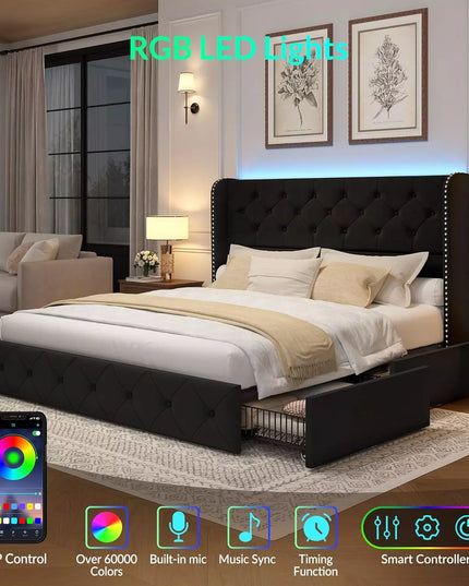 Korav Upholstered Bed Frame with Storage Drawers and LED lights