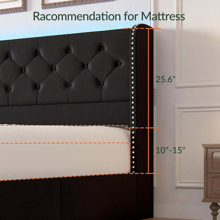 Koral Queen Size Upholstered Bed Frame with Storage Drawers,Tufted Wingback Headboard,Led Lights