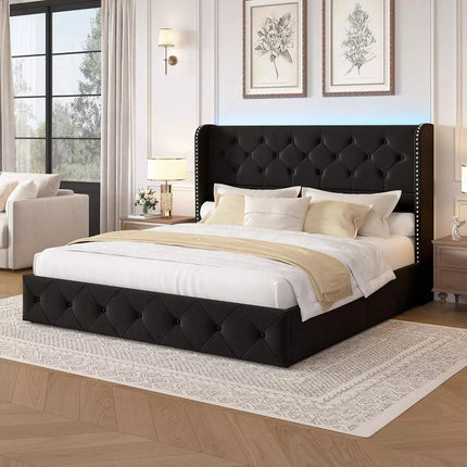 Koral Queen Size Upholstered Bed Frame with Storage Drawers,Tufted Wingback Headboard,Led Lights
