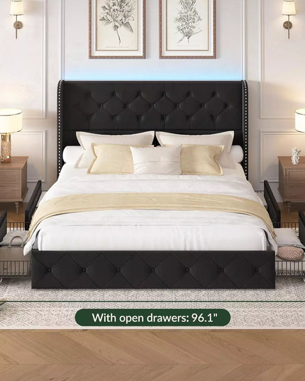 Korav Upholstered Bed Frame with Storage Drawers and LED lights