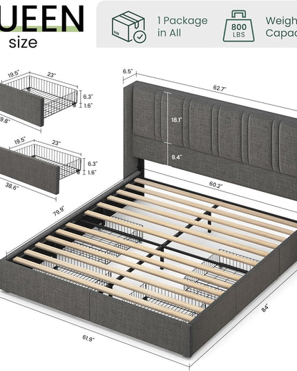 Larmace Upholstered Bed Frame with 4 Storage Drawers and Vertical Channel Tufted Headboard Linen Platform Bed Frame